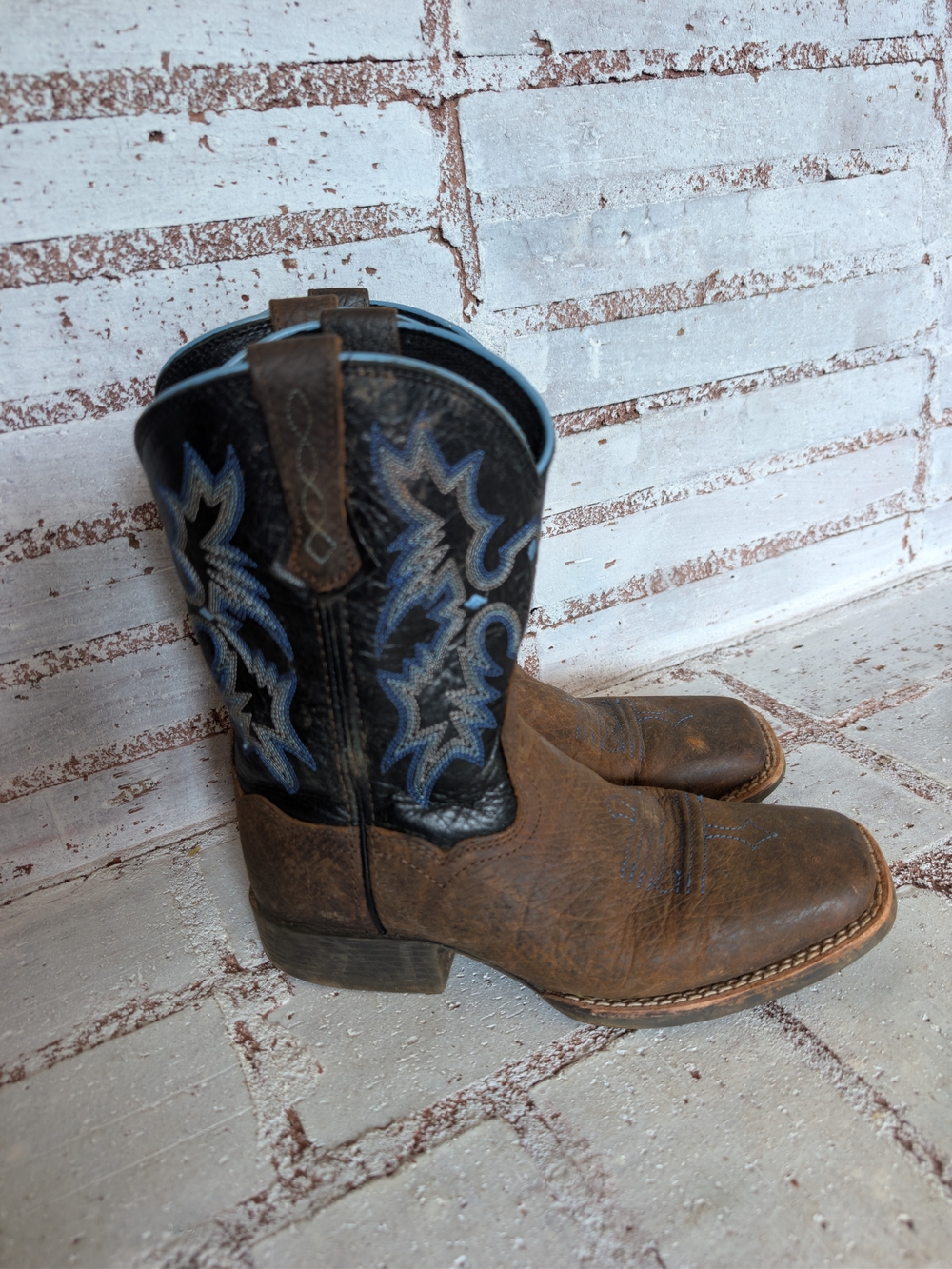 Ariat Brown Leather Kids Western Boots with Blue Embroidery
